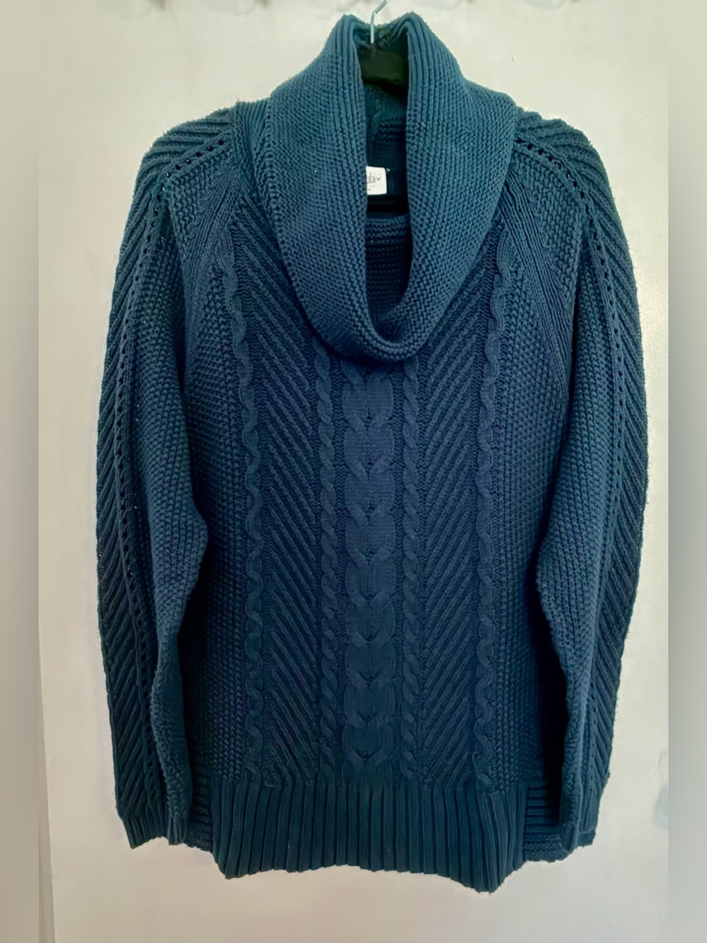 CAbi Blue Cable Knit Cowl Neck Sweater